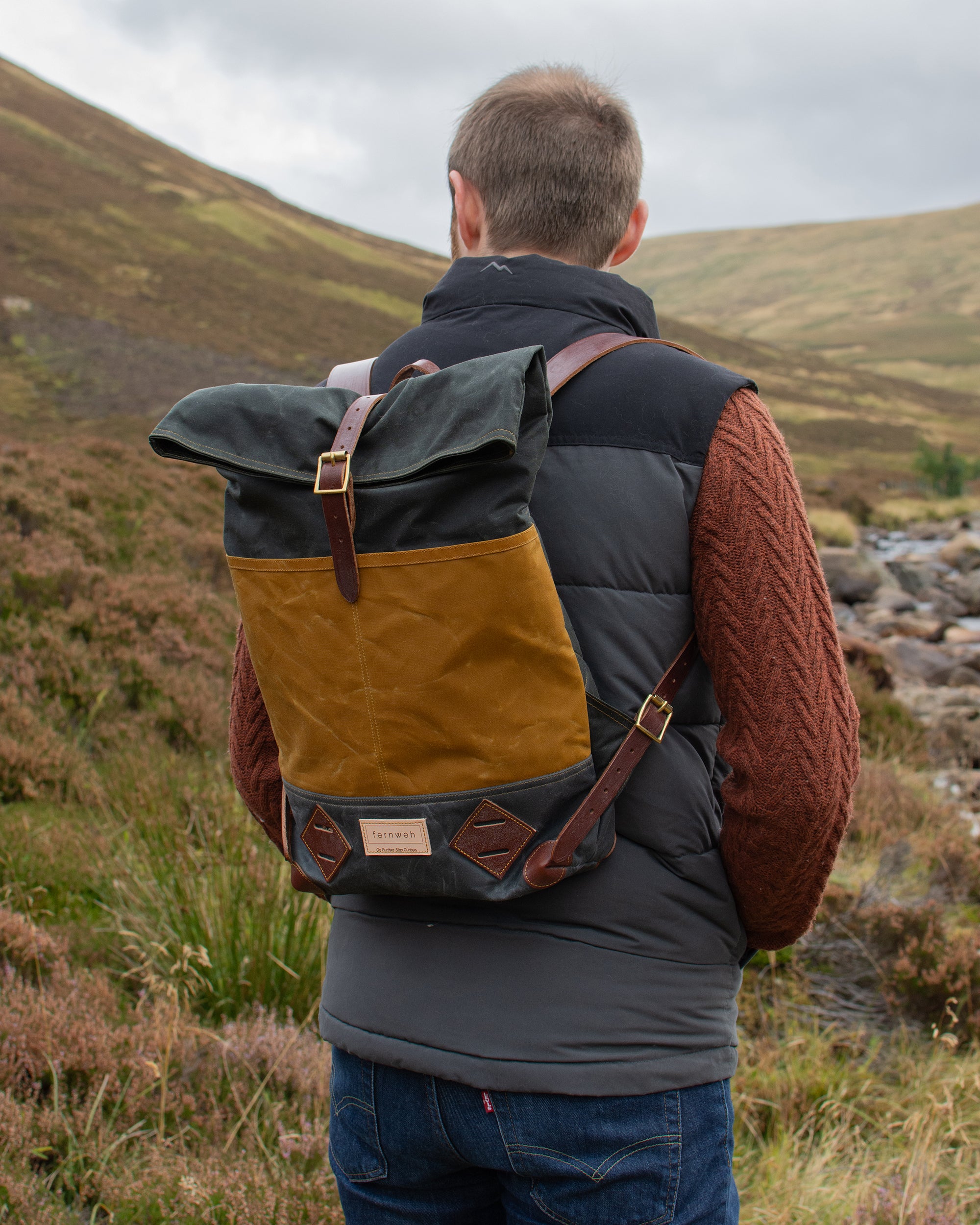 MUICK Waxed Canvas & Leather Rolltop Backpack -  Forest/Sand/Scree