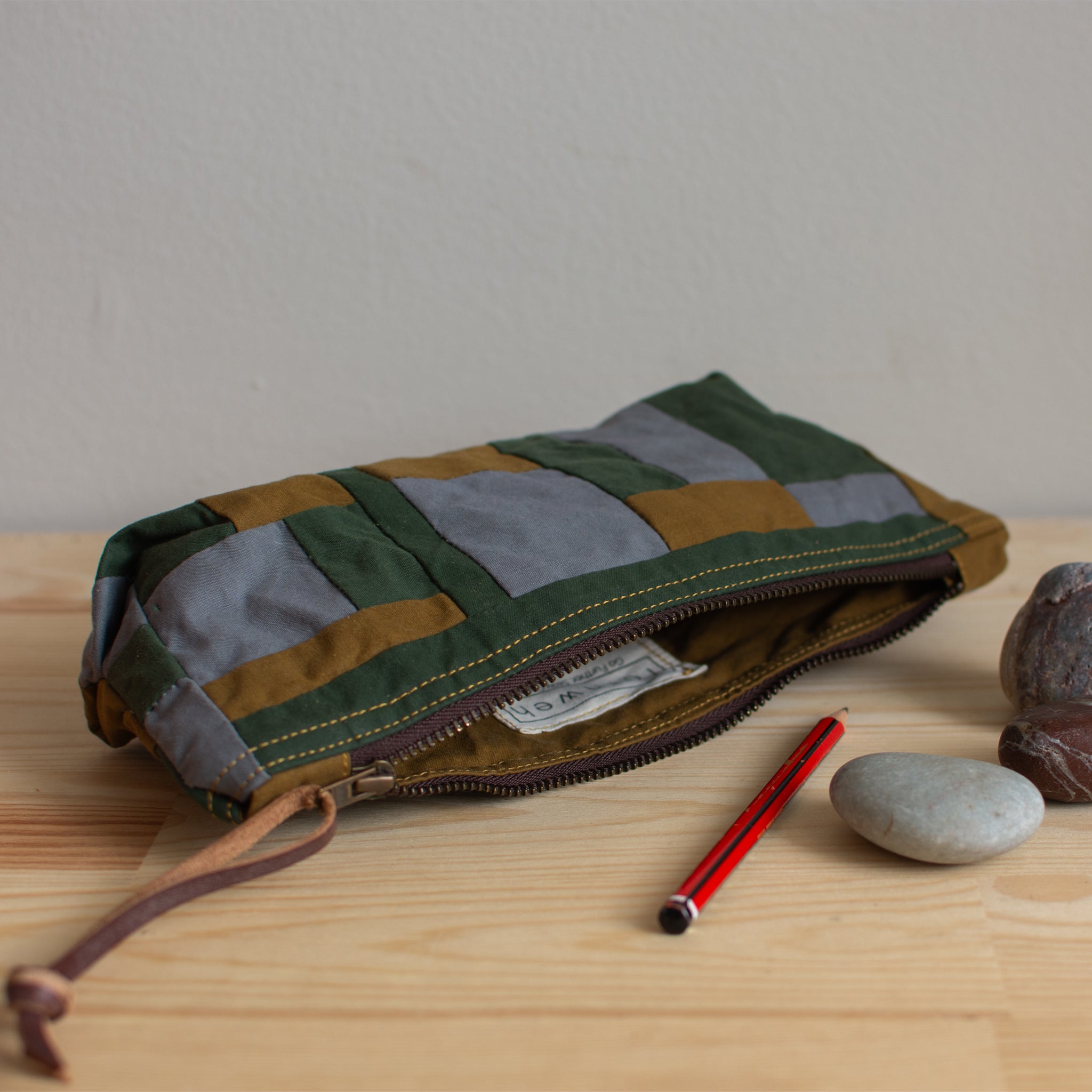 Zero Waste Pencil Pouch - Ochre/Grey/Green