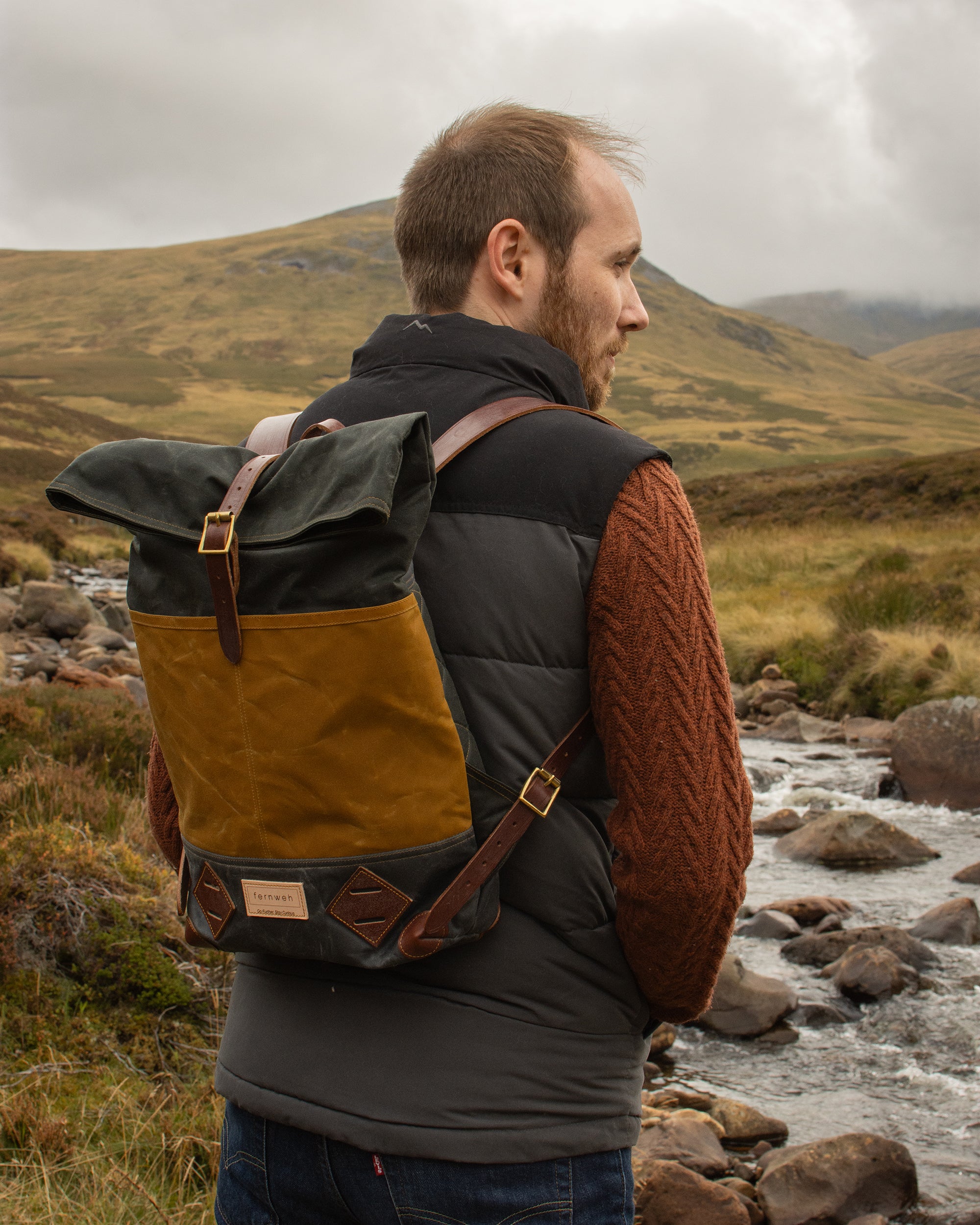 MUICK Waxed Canvas & Leather Rolltop Backpack -  Forest/Sand/Scree